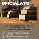 imagem de divulgação do curso de oficialato, com fundo marrom e fotografia de estante de livros, com o texto: "Dias 10, 17, 24 e 31 de março de 2022, às 20 horas na IER castrolanda e online. Publico alvo: oficiais e interessados. Programação: 10/03 - o governo da igreja (Pr. R. Soetsma); 17/03 - O chamado e a vida espiritual do oficial (Pr. A. Nascimento); 24/03 - visitação pastoral (Dra. M. de Oliveira); 31/03 - O ministério da diaconia (Pr. f. A. de Carvalho). Inscreva-se já."